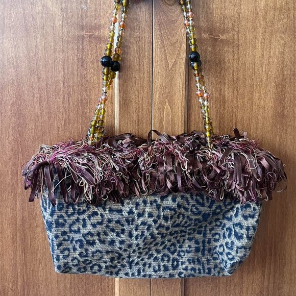 Brown and Burgundy Leopard Print Beaded Bag w Fringe Detail 🐆 - Picture 2 of 3